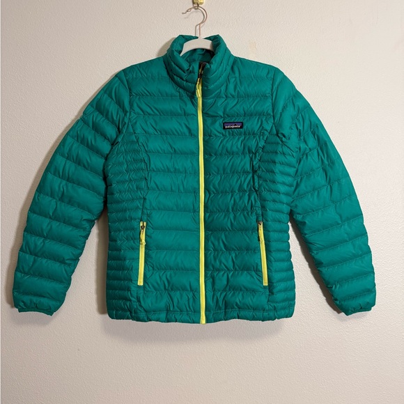 Patagonia Women's Down Sweater puff zip jacket in aqua stone/green Sz M ~flaw - Picture 2 of 11